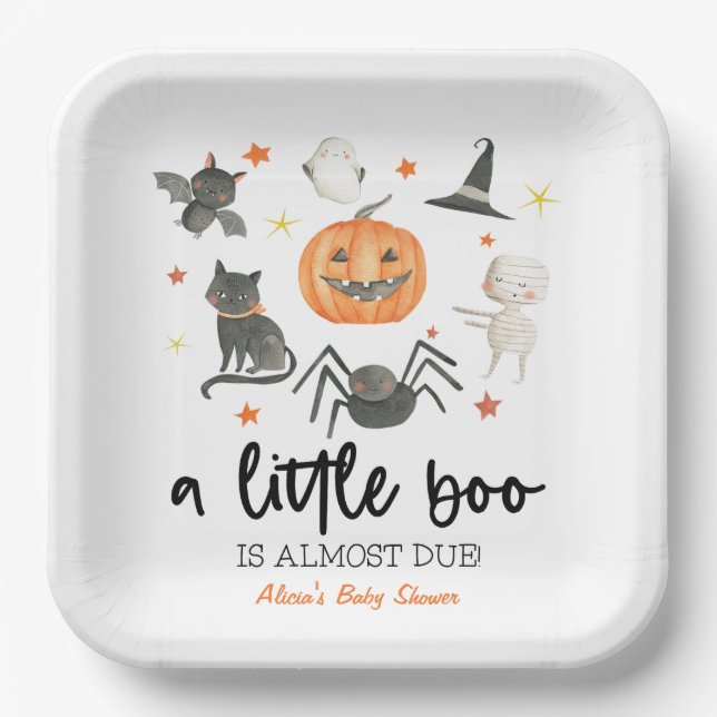A Little Boo Is Almost Due! Baby Shower Halloween Paper Plates (Front)