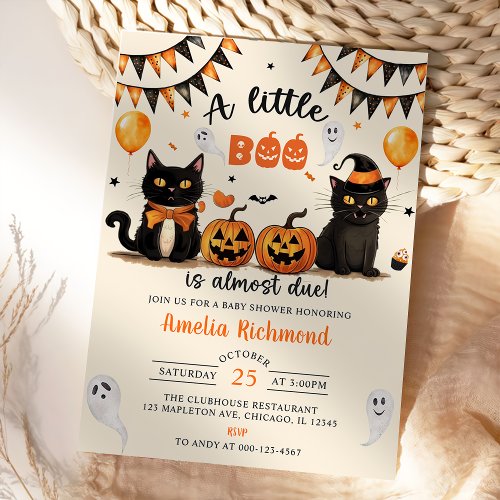 A Little Boo Is Almost Due Black Cat Halloween Invitation