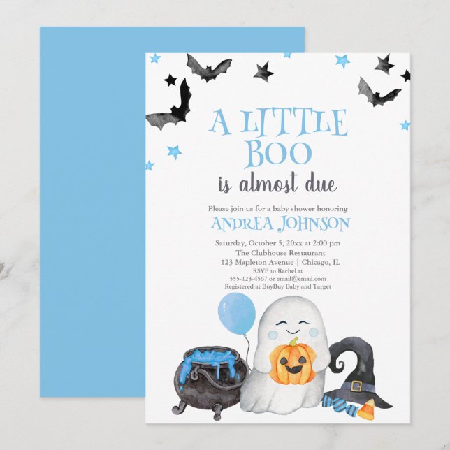 A Little Boo Is Almost Due Blue Boy Baby Shower  Invitation (Front/Back)