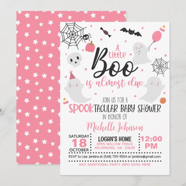 A Little Boo is Almost Due - Girl (Wh/Pink) Invitation (Front/Back)