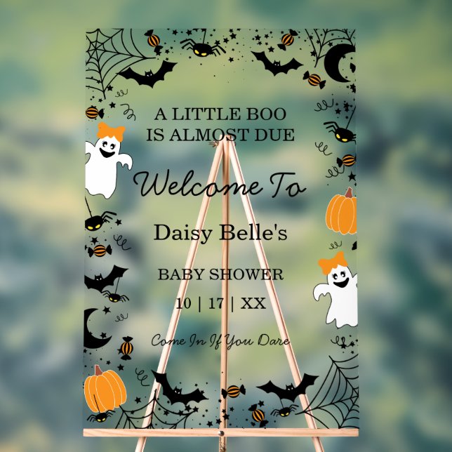 A Little Boo Is Almost Due Halloween Baby Shower Acrylic Sign (Neutral)