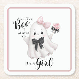 A Little Boo Is Almost Due – Halloween It's a Girl Square Paper Coaster