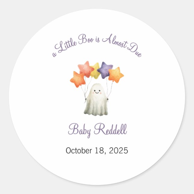 A Little Boo is Almost Due Label, Halloween Classic Round Sticker (Front)