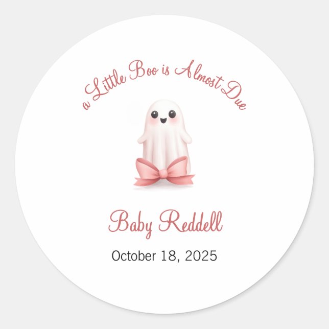 A Little Boo is Almost Due Label, Halloween Classic Round Sticker (Front)