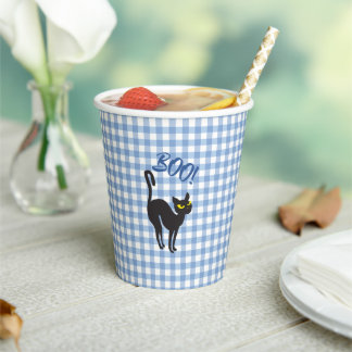 A Little Boo is Due Blue Gingham Black Cat Party Paper Cups