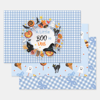 A Little Boo is Due Blush Blue Gingham Halloween Wrapping Paper Sheets