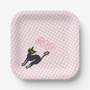 A Little Boo is Due Blush Pink Gingham Black Cat Paper Plates