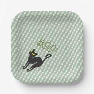 A Little Boo is Due Olive Gingham Black Cat Paper Plates