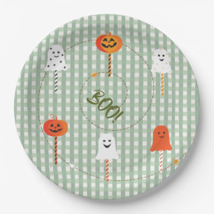 A Little Boo is Due Olive Gingham Ghost Pumpkin Paper Plates