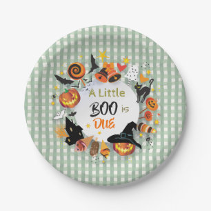A Little Boo is Due Olive Green Gingham Halloween Paper Plates
