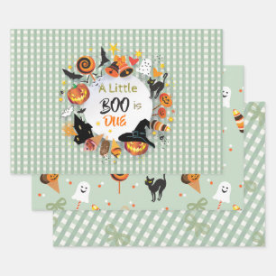 A Little Boo is Due Olive Green Gingham Halloween Wrapping Paper Sheets