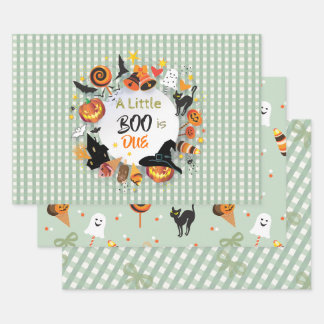 A Little Boo is Due Olive Green Gingham Halloween Wrapping Paper Sheets