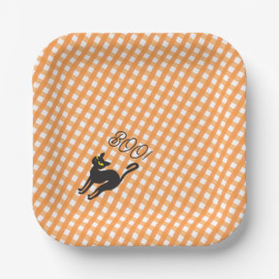 A Little Boo is Due Orange Gingham Black Cat Cozy Paper Plates