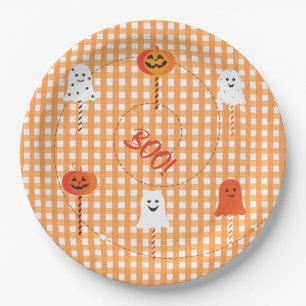 A Little Boo is Due Orange Gingham Ghost Pumpkin Paper Plates