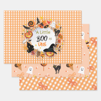 A Little Boo is Due Orange Gingham Halloween Ghost Wrapping Paper Sheets