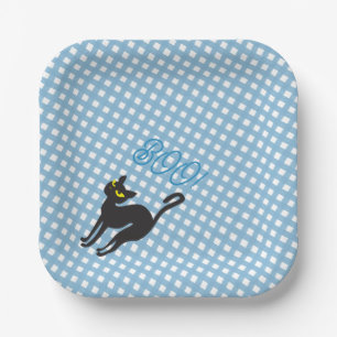A Little Boo is Due Pale Blue Gingham Black Cat Paper Plates