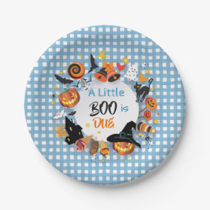 A Little Boo is Due Pale Blue Gingham Halloween Paper Plates