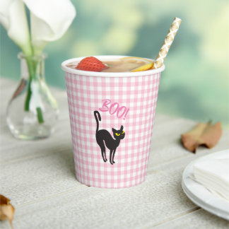 A Little Boo is Due Pink Gingham Black Cat Party Paper Cups