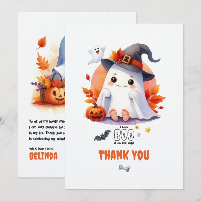 "A Little Boo is on the Way" Halloween Baby Shower Thank You Card (Front/Back)