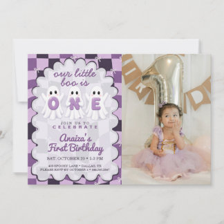 A Little Boo Is One Purple Checkered 1st Birthday Invitation