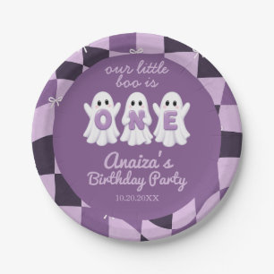 A Little Boo Is One Purple Checkered 1st Birthday Paper Plates
