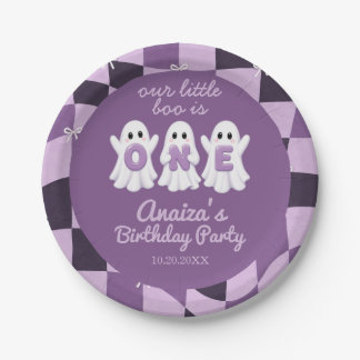 A Little Boo Is One Purple Checkered 1st Birthday Paper Plates