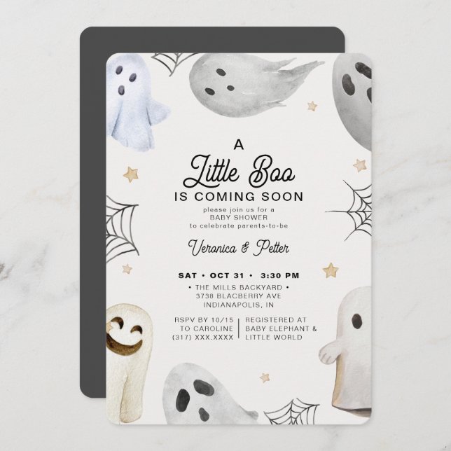A Little Boo Neutral Gray Halloween Baby Shower Invitation (Front/Back)