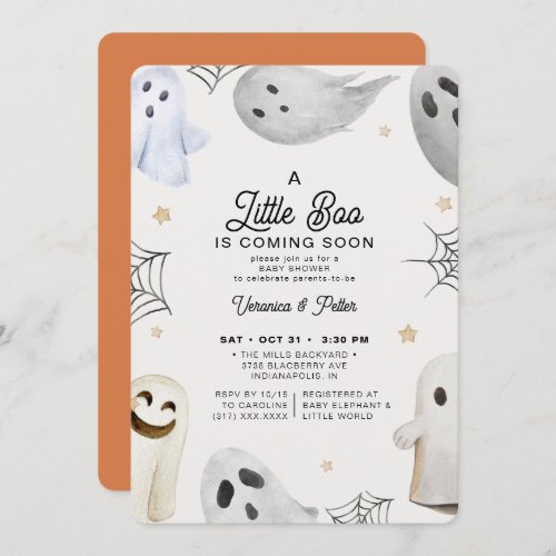 A Little Boo Neutral Orange Halloween Baby Shower Invitation
