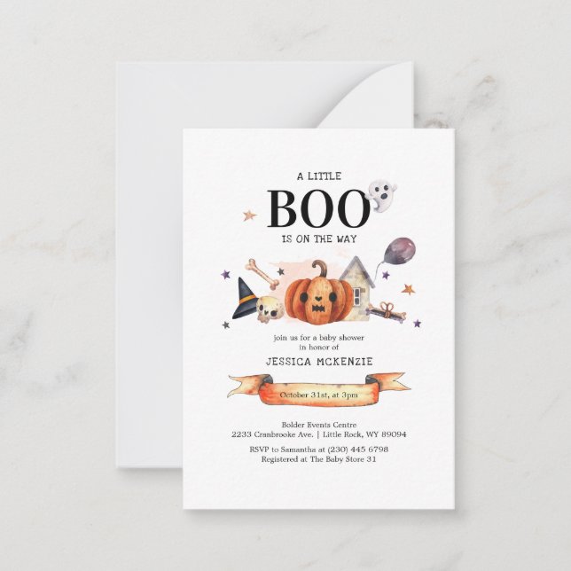 A Little Boo on Way Halloween Baby Shower Note Card (Front)