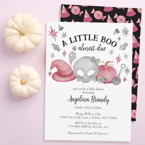 A Little Boo Pink  Gray Halloween Baby Shower Invitation