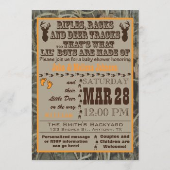 A Little Boys Hunting Camo Baby Shower Invitations by aaronsgraphics at Zazzle
