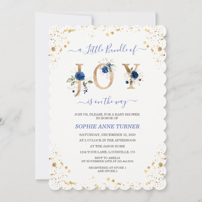 A Little Bundle Of Joy Blue Floral Boy Baby Shower Invitation (Front)