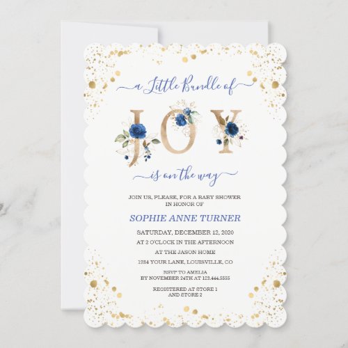 A Little Bundle Of Joy Blue Floral Boy Baby Shower Invitation