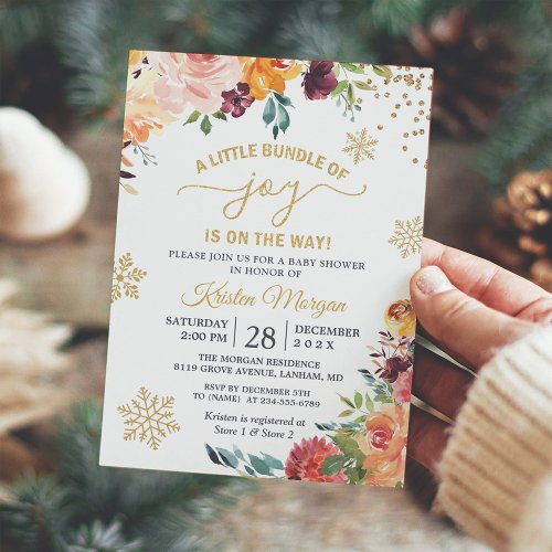 A Little Bundle of Joy Burgundy Floral Baby Shower Invitation