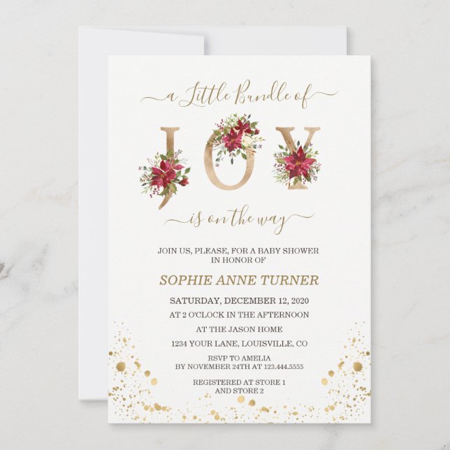 A Little Bundle Of Joy Poinsettia Gold Baby Shower Invitation (Front)
