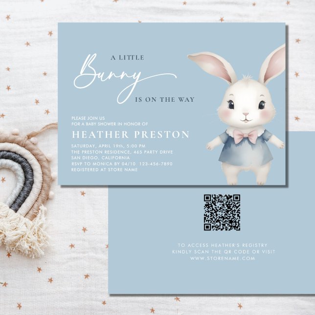 A Little Bunny Boy Dusty Blue QR Baby Shower Invitation (Creator Uploaded)