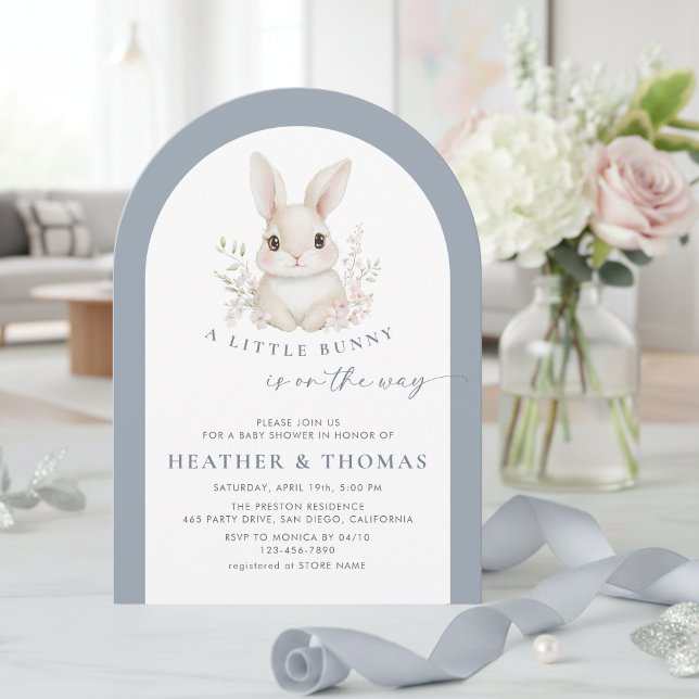 A Little Bunny Elegant Dusty Blue Arch Baby Shower Invitation (Creator Uploaded)