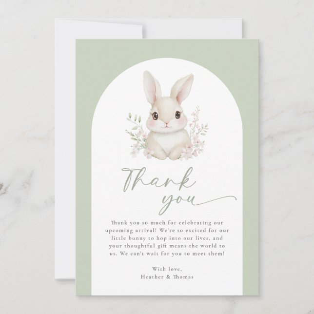 A Little Bunny Elegant Sage Green Baby Shower Thank You Card (Front)