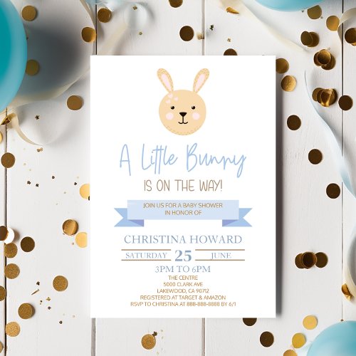 A Little Bunny Is On The Way Blue Baby Shower Invitation