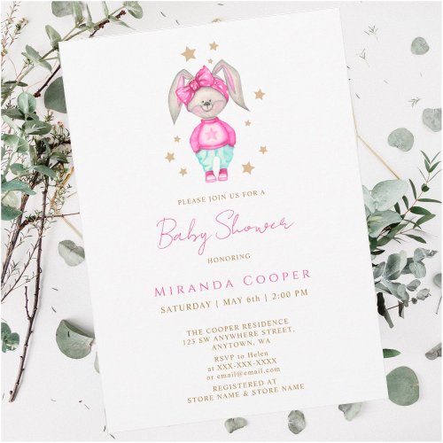 A little bunny pink baby shower girl Watercolor Invitation
