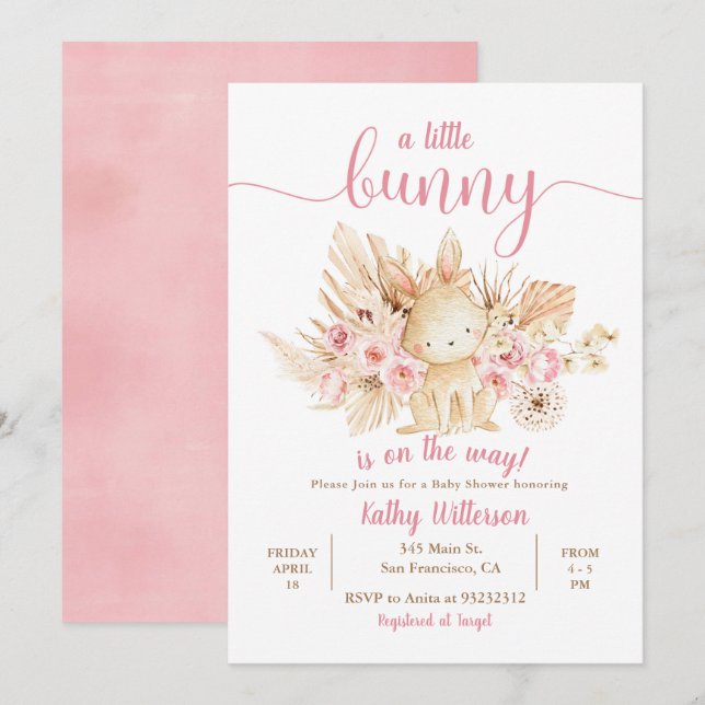 A little Bunny Pink Floral Baby Shower Invitation (Front/Back)