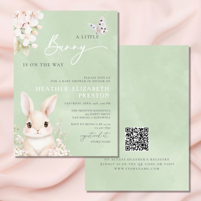 A Little Bunny Sage Green QR Baby Shower Invitation (Creator Uploaded)