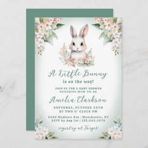 A Little Bunny Soft Green & Floral Baby Shower Invitation