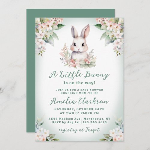 A Little Bunny Soft Green  Floral Baby Shower Invitation