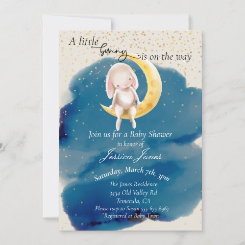 A Little Bunny Stars and Moon Baby Shower Invitation