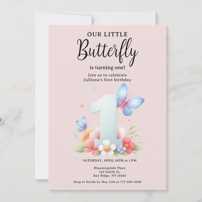A Little Butterfly 1st Birthday Cute Number Font  Invitation (Front)