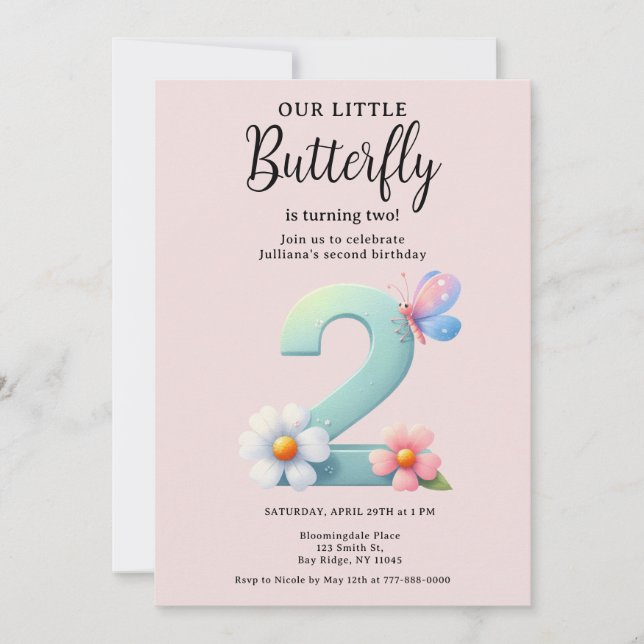 A Little Butterfly 2nd Birthday Cute Number Font  Invitation (Front)