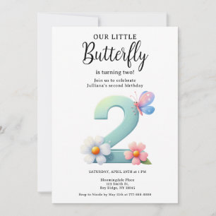 A Little Butterfly 2nd Birthday Cute Number Font Invitation