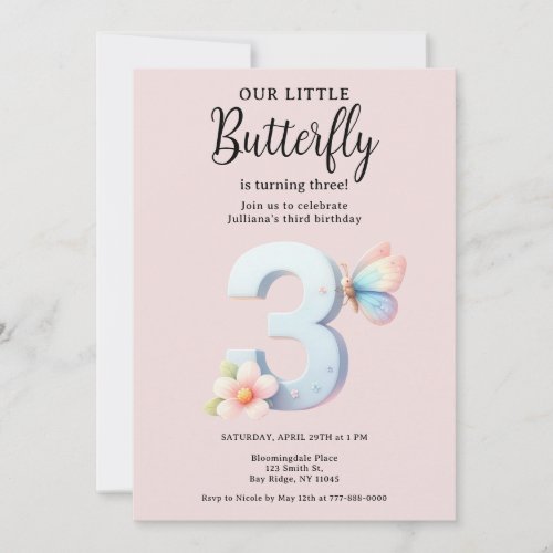 A Little Butterfly 3rd Birthday Cute Number Font  Invitation