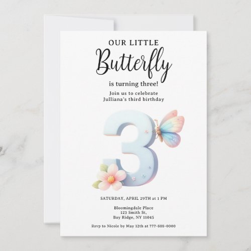 A Little Butterfly 3rd Birthday Cute Number Font  Invitation